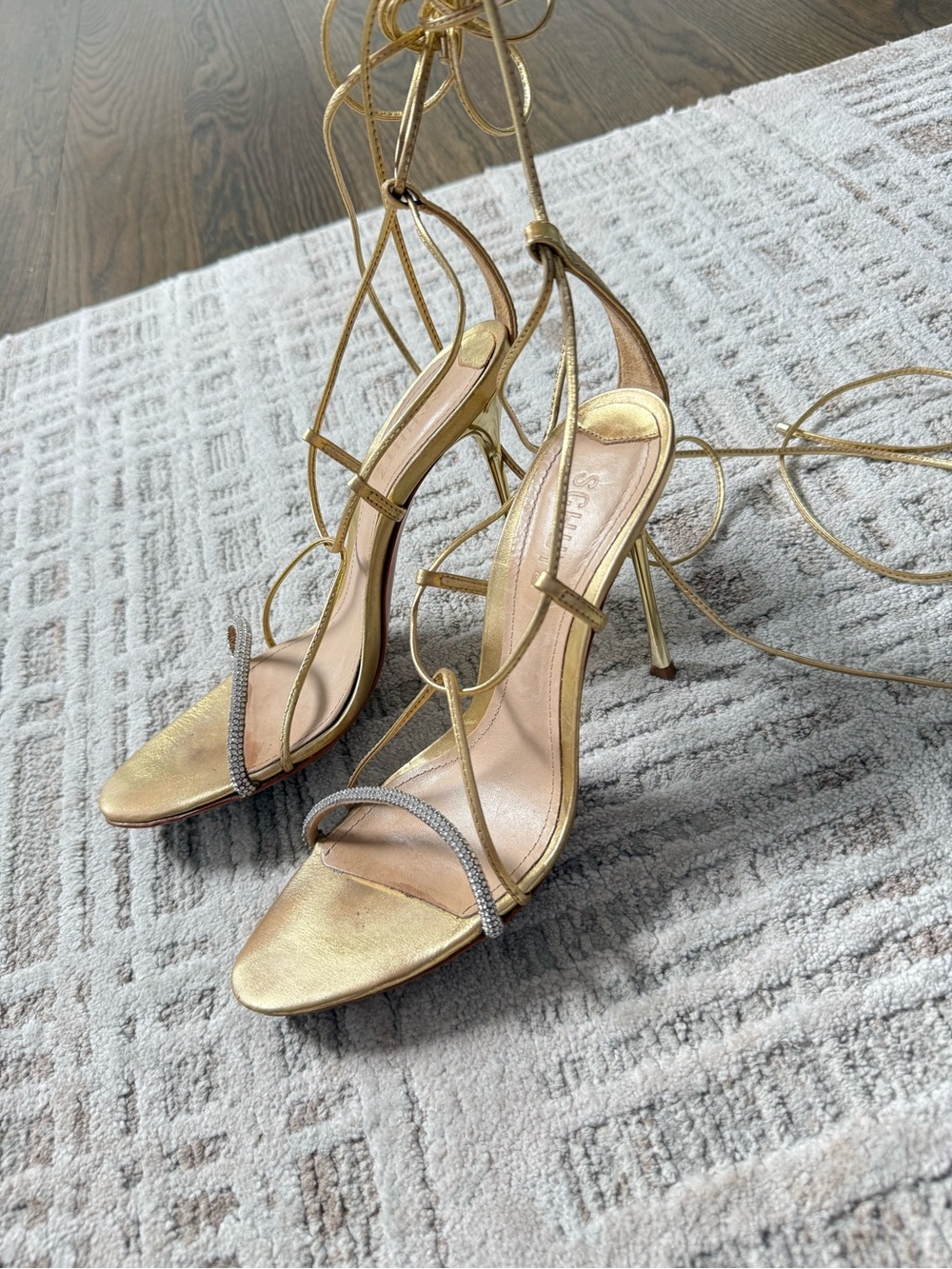 Gold Lace-Up Stiletto Sandals with Rhinestone Toe Strap